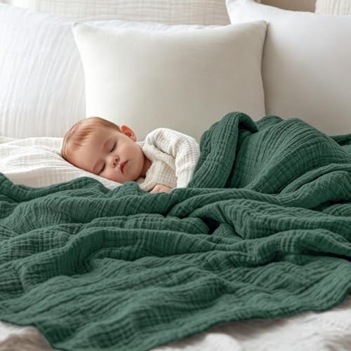 Image of EMME Muslin Blankets for Adults Throw Blanket for Couch Breathable Gauze Soft Lightweight Airy Forest Green Baby 40 inch x 50 inch