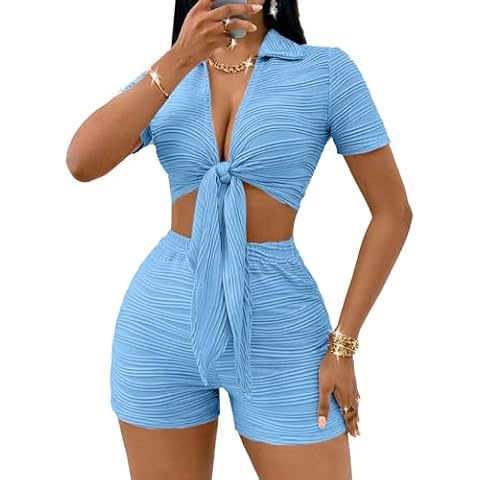 MSLG Short Sets for Women 2 Piece Shirts and Shorts Set Summer Sexy Tie Front Crop Tops Casual V Neck Short Sleeve Workout Outfits S42 Blue L Cover