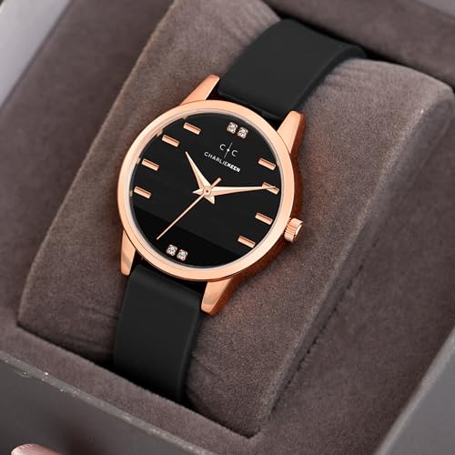 Image of CHARLIEKEEN Women's Elegant Watch with Rose Gold Case, Silicone Band, Crystal Accents, Analog Display