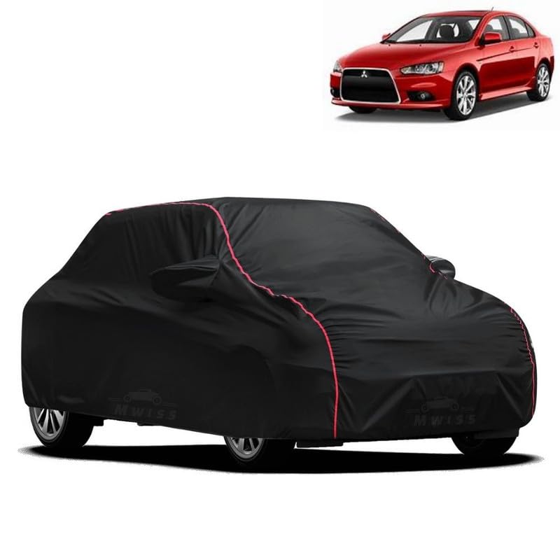 Image of Waterproof Car Cover for Mitsubishi Lancer | All-Weather Protection, Dustproof & UV Resistant | Triple Stitched Mirror Pockets, Windproof Buckle Strap with Elastic Hem, Black-Red Piping