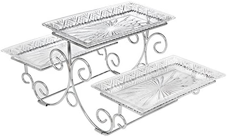 Godinger Silver Art Dublin 3 Tiered Glass Buffet Serving Tray - Chrome Plated Platter Stand with Starburst Design - Party and Event Dessert and Food Display Server