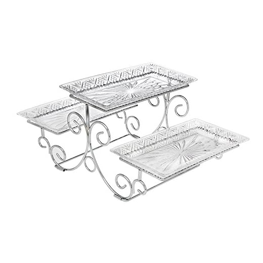 Godinger Silver Art Dublin 3 Tiered Glass Buffet Serving Tray - Chrome Plated Platter Stand with Starburst Design - Party and Event Dessert and Food Display Server