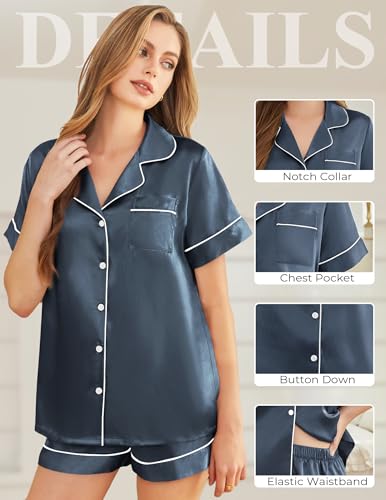 Image of Silk Pajamas for Women Short Sleeve Sleepwear Soft Button Down Loungewear 2 Piece Satin Pjs Shorts Set S-XXL