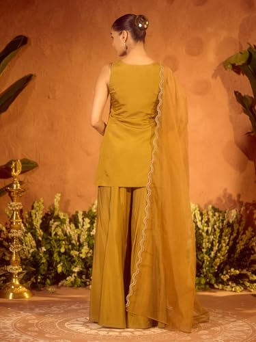 Image of FIORRA Women's Mustard Viscose Chanderi Embroidered Ethnic Straight Kurta Set with Dupatta