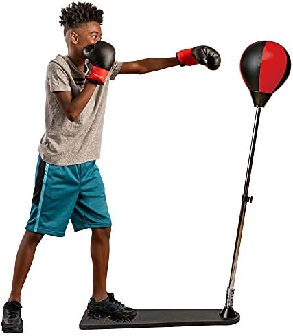 Protocol Youth Boxing Set with Gloves – Adjustable Height Stand, 35” to 50” high – Punching Bag for Kids – Fun at-Home Workout - Youth Boxing Gloves - Easy Set Up - Red