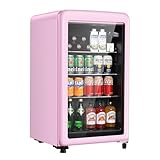 HAILANG+more Retro Beverage Refrigerator, 3.2 Cu.Ft Mini Fridge with Glass Door, Vintage Freestanding Drink Cooler for Office, Bar, Home, Adjustable Shelving, Adjustable Thermostat (Pink)