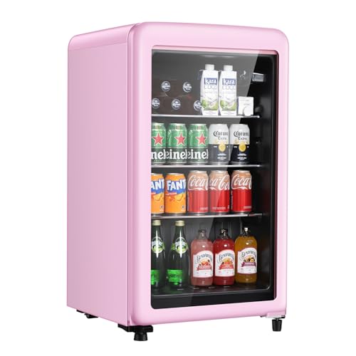 HAILANG+more Retro Beverage Refrigerator, 3.2 Cu.Ft Mini Fridge with Glass Door, Vintage Freestanding Drink Cooler for Office, Bar, Home, Adjustable Shelving, Adjustable Thermostat (Pink)