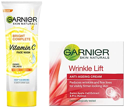 Image of Garnier Skin Naturals Wrinkle Lift Anti Ageing Cream, 40g & Garnier Bright Complete VITAMIN C Facewash, 100 gm