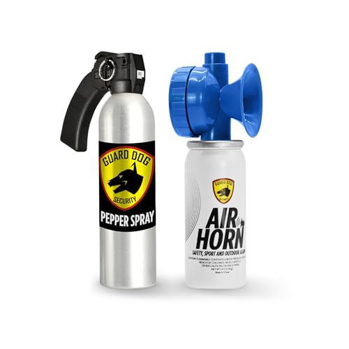 Guard Dog Security Pepper Spray Self Defense and Air Horn, Maximum Strength Home Defense Spray Pistol Grip and Loud Horn, Easy Access Outdoor Personal Protection, Crowd Control
