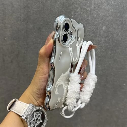 Coque antichoc iPhone 16 Pro argentée avec cordon peluche