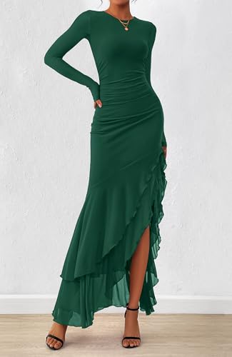 BTFBM Women's Maxi Dresses Fall 2025 Long Sleeve Ruched Bodycon Solid Ruffle Mermaid Cocktail Wedding Guest Dress