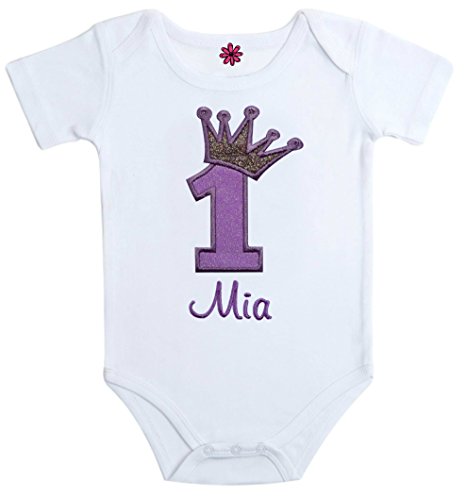 Birthday Girl Personalized Embroidered Sparkling First Birthday Princess Crown Bodysuit with Your Custom Name (24 Months, Purple)