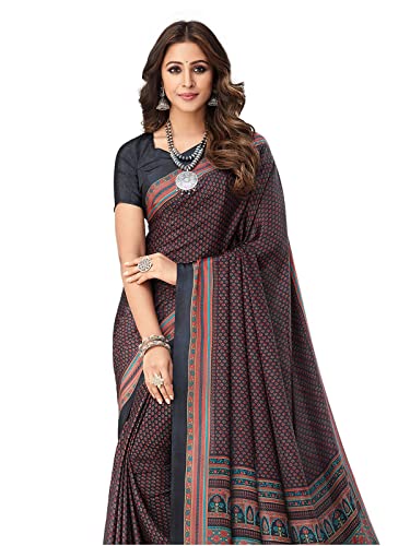 Image of SIRIL Women's Printed Silk Crepe Saree with Unstitched Blouse Piece