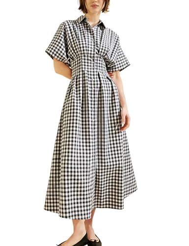 Yeokou Women Plaid Shirt Dress Short Sleeve Button Down Pleated Gingham A Line Maxi Dresses Casual Sundress with Pockets(Black-XS) at Amazon Women's Clothing store