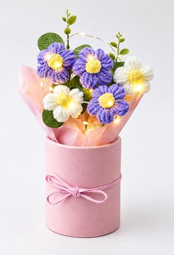 Image of ROKTRY Handmade Crochet Flower Bouquet with LED Fairy Lights - Knitted Yarn Daisy Flowers in Elegant Pink Gift Box for Birthday, Anniversary, Valentine's Day, Wedding, Home Decor (PURPEL)