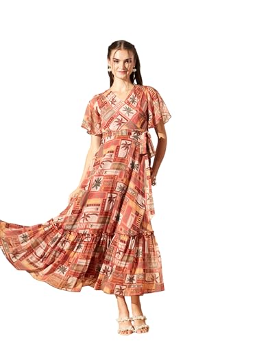 Image of Miss Chase Women's Floral V-Neck Flutter Sleeve Wrap Chiffon Maxi Dress