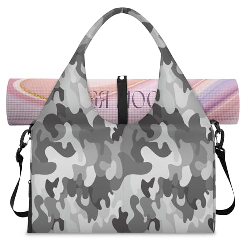 Sporttasche für Damen und Herren, mit Schuhfach, Schultertasche, für Yoga, Fitnessstudio, Reisen, Camouflage, Grau, farbe, L, Taschen-Organizer