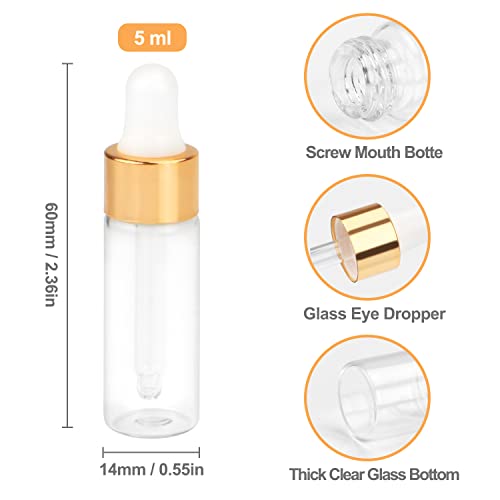 Empty Transparent Glass Bottles Containers Vials Holder,5Ml Essential Oil Glass Dropper Bottle Makeup Sample Storage Containers With Gold Head Glass Dropper &White Dropper Cap&2Pcs Straws,50Pcs #TOP2