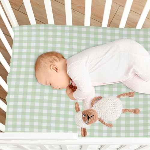Image of Green Gingham Checkered Crib Sheets for Boys and Girls, Fitted Baby Crib Sheets Soft ​Crib Mattress Sheets 39 X 27 Inches