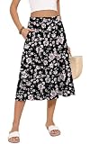 MLXSJ Women's Midi Skirt Summer Flowy Elastic High Waisted Casual Pleated Skirts with Pockets (Pink Floral Black, M)