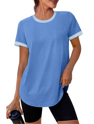 Image of Womens Workout Tops Summer Short Sleeve Shirts Athletic Color Block Gym Clothes Outfits Sun Protection UPF 50+ T Shirts