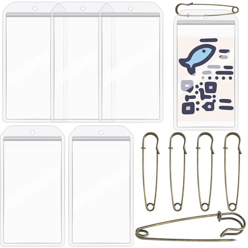Geyee 6 Pack Fishing Hunting License Holder Waterproof Fluorescent ID Holder with 6 Bronze Safety Pins Heavy Duty for License Permit Protection Hunting Deer Season Supplies(Clear Vertical)