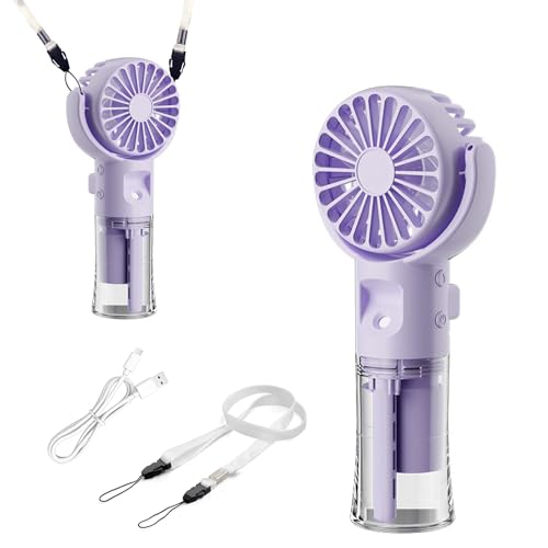 Hifot Mini Ventilador de Mano Portátil Recargable USB 4 Velocidades 3 en 1 Ventilador con Agua Pulverizada Escritorio Plegable 180° con Cuerda para Cuello para Oficina, Viajes Morado