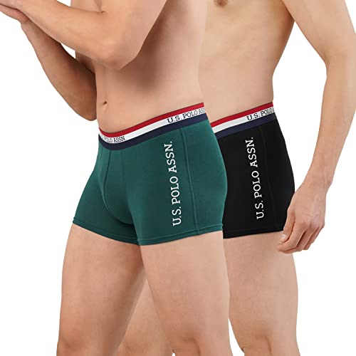 U.S. POLO ASSN. Men’s Poly Cotton Striped Waistband Antibacterial Et002 Trunks – Pack of 2 (Black/Bistrogreen L)
