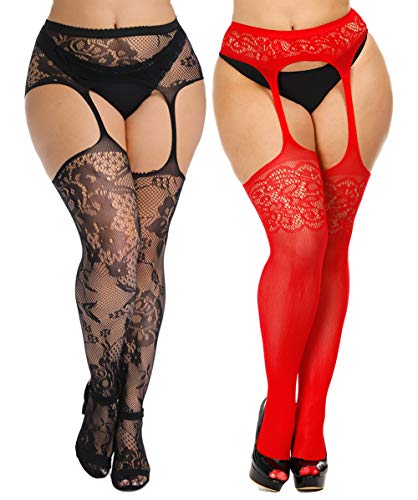 CURRMIEGO Womens Fishnet Suspender Tights plus size patterned pantyhose Stockings 2-Pairs (Black P1203, Plus Size)