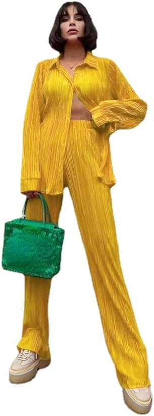 Womens 2 Pieces Outfits Ribbed Long Sleeves Loose Casual Top Wide Leg Pants Set