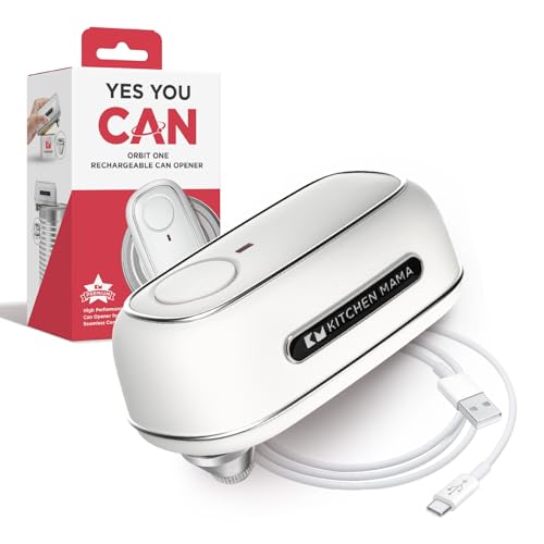 Kitchen Mama Orbit One Rechargeable Can Opener: Hands-Free, USB-C Charging, Auto Shut-Off, Smooth Edge, Professional Blade for Large Cans, with Elegant Storage Box (White)
