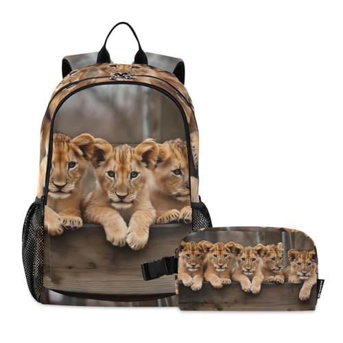 Cute Small Lions Backpack Lunch Bag Set for Travel Hiking Picnic, Backpacks with Insulated Lunch Box