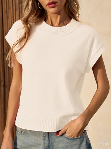 Image of Saodimallsu Womens Cap Short Sleeve Sweater Vest Summer Casual Crew Neck Loose Knit Lightweight Pullover Tank Tops