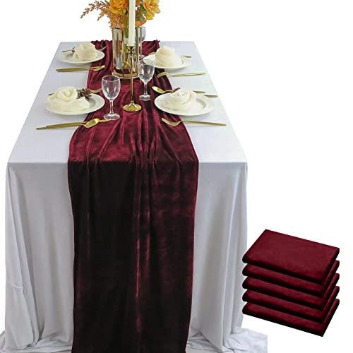 BTF HOME Velvet Table Runner, 5 Pack Luxurious Wedding Reception Decorations Soft Velvet Fabric Table Linen Overlay for Party (20 x 120 inch, Burgundy) by BTF Home - Used condition - US$29.41