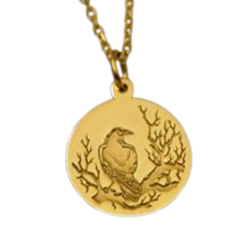 Pendentif corbeau gravé argent sterling 925 plaqué or avec chaîne 45 cm mixte