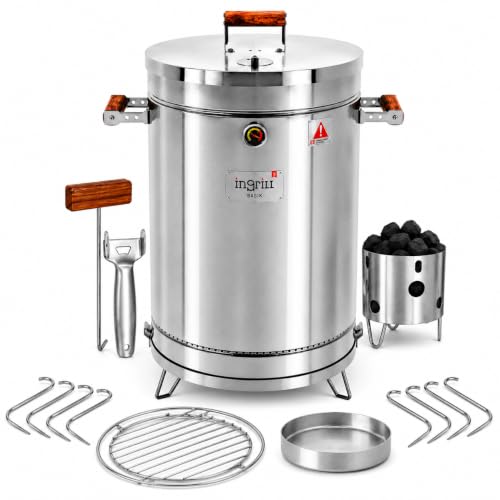 3-in-1 Stainless Steel Smoker Barrel Grill Portable Charcoal BBQ with Thermometer 12 lbs Outdoor Cooking Smoker for Camping Backyard & Home BBQ INGRILL
