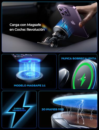 LISEN 15W Cargador Magsafe Coche Inalámbrico, [20X Imans Fuerte] Soporte Móvil Coche Magsafe para Ventilación & Salpicadero, Magsafe Accesorios Coche para iPhone 16e 16 Pro MAX 15 14 13 12 - imagen 3