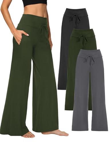 Image of Showitty 1 /3 Pack Women's Wide Leg Pants with Pockets, Casual Loose Pajama Palazzo Trousers Sweatpants for Yoga Lounge