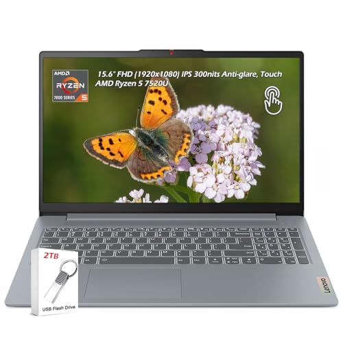 Lenovo IdeaPad Slim 3 15.6" FHD Touch Laptop, AMD Ryzen 5 7520U, 8GB DDR5 RAM, 256GB SSD, Windows 11, AMD Radeon 610M, Copilot AI, WiFi 6, Bluetooth, Artic Grey, w/2TB Flash Drive, W/GaLiMu