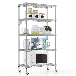 Himimi 5-Tier Wire Shelving Unit with Wheels, 76W x 35D x 158H cm, Height Adjustable Metal Shelving Unit for Storage, Free Standing Storage Rack Shelf for Kitchen Pantry Bathroom Garage Office, Silver