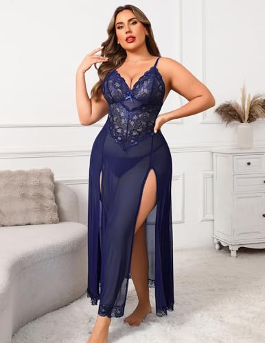 Image of Avidlove Plus Size Lingerie for Curvy Women Long Lace Babydoll Nightdress | V neck sheer mesh nightgown,g-string included,high side slits,adjustable straps,curve-flattering fit,maternity photoshoot