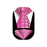 HISDERN Ties for Men Pink Plaid Tie with Pocket Square Set Business Pink Check Silk Necktie with Handkerchief Formal Wedding Neckties Classic 3.4''