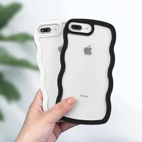 Image of GoldKart iPhone 7 Plus / 8 Plus Case Wavy Edge Clear Back Design, Anti-Slip Grip Cute Wave Curly Frame Shape Shockproof Soft TPU & Hard PC Bumper Protective Phone Case Cover for Women Girls - Black
