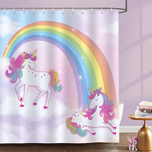Bonhause Cortina de Ducha Unicornio Arcoíris Rosado Cortina de Baño para Muchacha Poliéster Impermeable Antimoho Lavable Cortina Ducha 180 x 180 cm con 12 Ganchos