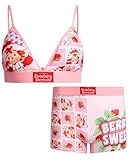 COCO BRANDS Womens Underwear Set - 2 Piece Snoopy Strawberry Shortcake Bralette Bras for Women & Boys Shorts Panty Set, Size Medium, Strawberry Shortcake Pink