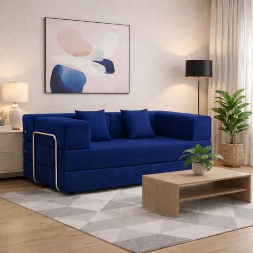 Image of Adorn India Easy Premium Modular 4 Seater Sofa Cum Bed | Velvet Suede Fabric | Colour Blue | Modern Design | Size 6x6 Fit | Comfortable for Seat & Sleep | Washable Cover | Perfect for Home & Office