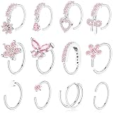 BSJ4U Hoop Nose Rings for Women Nose Piercings 20G Stainless Steel Nose Rings Hoops Heart Butterfly Flower Bow Teardrop Double Nose Hoops Silver Pink CZ Nose Piercing Jewelry