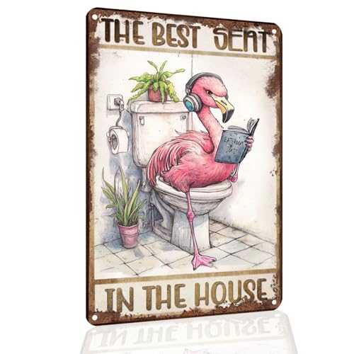 Funny Flamingo Signs - The Best Seat In The House - Vintage Bathroom Wall Decor Flamingo Lovers Gift 8X12 INCH