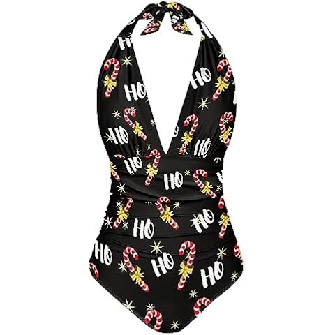 Cumagical Christmas Funny Letters Print Plus Size Retro Swimsuit V Neck Sexy One Piece for Women Swimwear Tummy Control Sexy Bathing Suit Cover