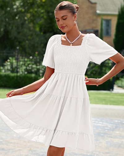 Image of BTFBM Womens Summer Smocked Mini Dress Spring Square Neck Flutter Sleeve Casual Ruffle Swing Boho Beach Dresses Pockets